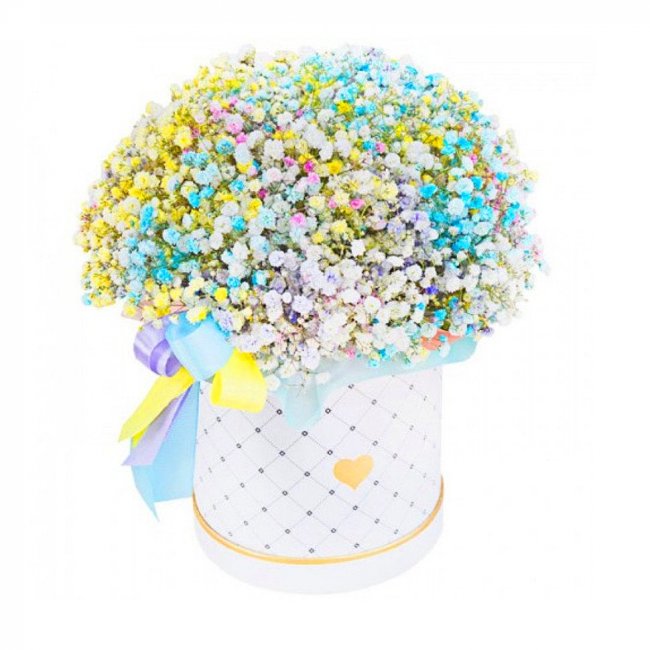 Букет цветов "Шляпная коробка с разноцветной гипсофилой" Букет цветов "Шляпная коробка с разноцветной гипсофилой"